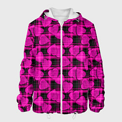 Куртка с капюшоном мужская Black and pink hearts pattern on checkered, цвет: 3D-белый