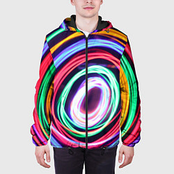 Куртка с капюшоном мужская Кругообразные абстрактные лучи, цвет: 3D-черный — фото 2