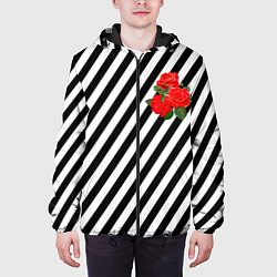 Куртка с капюшоном мужская Черно-белые полоски с букетом роз, цвет: 3D-черный — фото 2