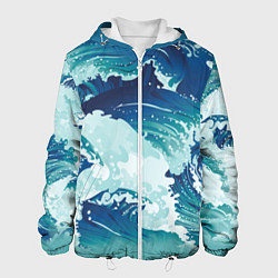 Куртка с капюшоном мужская Несущиеся морские волны, цвет: 3D-белый