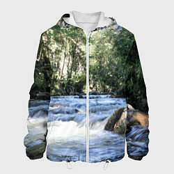 Куртка с капюшоном мужская Течёт река в лесу, цвет: 3D-белый