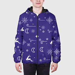 Куртка с капюшоном мужская Новый год олени, снежинки, ветер, цвет: 3D-черный — фото 2