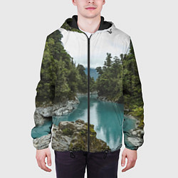 Куртка с капюшоном мужская Река, лес и скалы, цвет: 3D-черный — фото 2