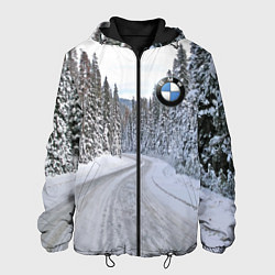 Куртка с капюшоном мужская BMW - зимняя дорога через лес, цвет: 3D-черный