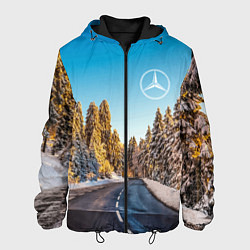 Куртка с капюшоном мужская Мерседес - зимняя дорога через лес, цвет: 3D-черный