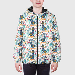 Куртка с капюшоном мужская Новогодний паттерн - Кролики и веточки, цвет: 3D-черный — фото 2