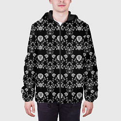 Куртка с капюшоном мужская Черно-белый цветочный полосатый ретро узор, цвет: 3D-черный — фото 2
