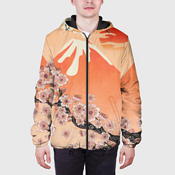 Куртка с капюшоном мужская Ветка цветущей сакуры и вулкан, цвет: 3D-черный — фото 2