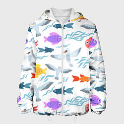 Куртка с капюшоном мужская Рыбки и чайки, цвет: 3D-белый