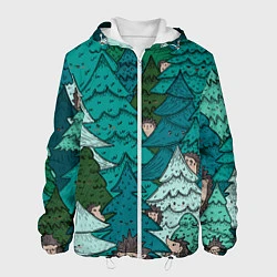 Куртка с капюшоном мужская Ежи в еловом лесу, цвет: 3D-белый