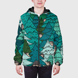 Куртка с капюшоном мужская Ежи в еловом лесу, цвет: 3D-черный — фото 2