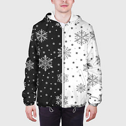 Куртка с капюшоном мужская Рождественские снежинки на черно-белом фоне, цвет: 3D-белый — фото 2