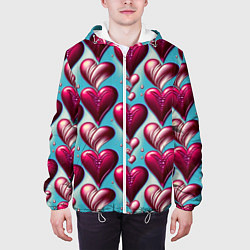Куртка с капюшоном мужская Паттерн красные абстрактные сердца, цвет: 3D-белый — фото 2