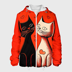 Куртка с капюшоном мужская Влюблённые кошки на красном фоне, цвет: 3D-белый