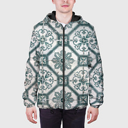 Куртка с капюшоном мужская Серый паттерн из листьев, геометрии и кристаллов, цвет: 3D-черный — фото 2