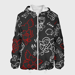 Куртка с капюшоном мужская Летающие сердца купидоны розы на черном фоне, цвет: 3D-белый