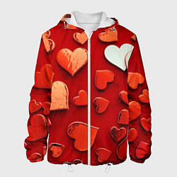 Куртка с капюшоном мужская Красные сердца на красном фоне, цвет: 3D-белый