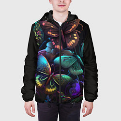 Куртка с капюшоном мужская Разные неоновые бабочки, цвет: 3D-черный — фото 2
