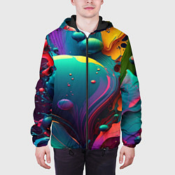 Куртка с капюшоном мужская Капли красок, нейросеть, цвет: 3D-черный — фото 2