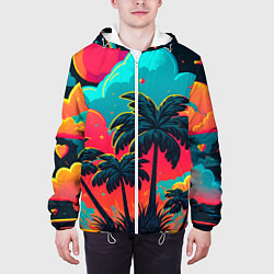 Куртка с капюшоном мужская Неоновые пальмы на закате, цвет: 3D-белый — фото 2