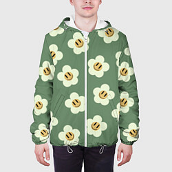 Куртка с капюшоном мужская Цветочки-смайлики: темно-зеленый паттерн, цвет: 3D-белый — фото 2