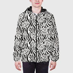 Куртка с капюшоном мужская Декоративные цветы на фоне зебры, цвет: 3D-черный — фото 2