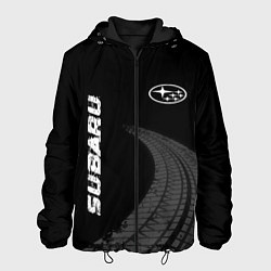Мужская куртка Subaru speed на темном фоне со следами шин: надпис
