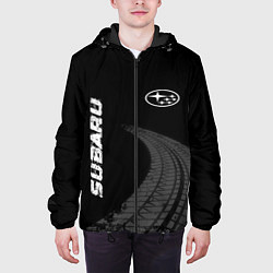 Куртка с капюшоном мужская Subaru speed на темном фоне со следами шин: надпис, цвет: 3D-черный — фото 2