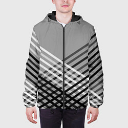 Куртка с капюшоном мужская Косые черно-белые полосы на сером, цвет: 3D-черный — фото 2