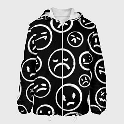 Куртка с капюшоном мужская Грустные черно-белые смайлики, цвет: 3D-белый