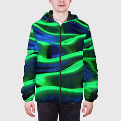 Куртка с капюшоном мужская Зеленые неоновые волны, цвет: 3D-черный — фото 2