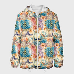 Куртка с капюшоном мужская Череп в цветах с бабочками узор, цвет: 3D-белый