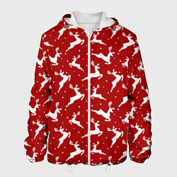 Куртка с капюшоном мужская Красный паттерн с новогодними оленями, цвет: 3D-белый