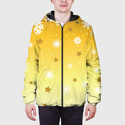 Куртка с капюшоном мужская Снежинки и звезды на желтом, цвет: 3D-черный — фото 2