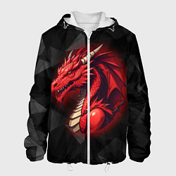 Куртка с капюшоном мужская Красный дракон на полигональном черном фоне, цвет: 3D-белый