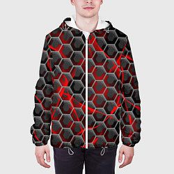 Куртка с капюшоном мужская Красные узоры шестиугольник, цвет: 3D-белый — фото 2