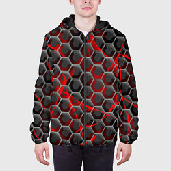 Куртка с капюшоном мужская Красные узоры шестиугольник, цвет: 3D-черный — фото 2