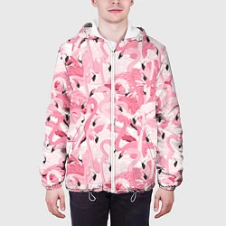 Куртка с капюшоном мужская Стая розовых фламинго, цвет: 3D-белый — фото 2