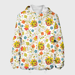 Куртка с капюшоном мужская Хохломская роспись разноцветные цветы на белом фон, цвет: 3D-белый