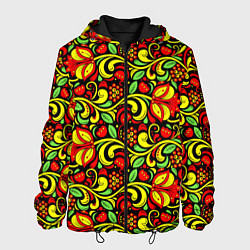 Куртка с капюшоном мужская Хохломская роспись красные цветы и ягоды, цвет: 3D-черный