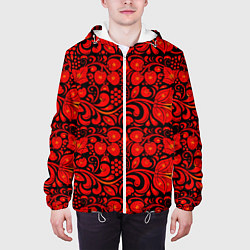 Куртка с капюшоном мужская Хохломская роспись красные цветы и ягоды на чёрном, цвет: 3D-белый — фото 2