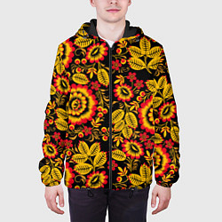 Куртка с капюшоном мужская Хохломская роспись золотистые листья и цветы чёрно, цвет: 3D-черный — фото 2