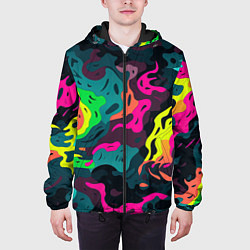 Куртка с капюшоном мужская Яркие кислотные разноцветные пятна в виде камуфляж, цвет: 3D-черный — фото 2