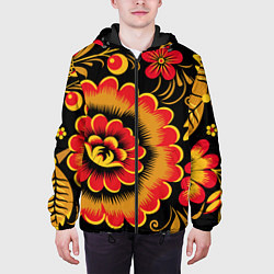 Куртка с капюшоном мужская Хохломская роспись красно-жёлтые цветы на чёрном ф, цвет: 3D-черный — фото 2