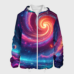 Куртка с капюшоном мужская Яркая неоновая галактика - нейросеть, цвет: 3D-белый