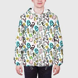 Куртка с капюшоном мужская Цветные каракули буквы алфавита, цвет: 3D-белый — фото 2