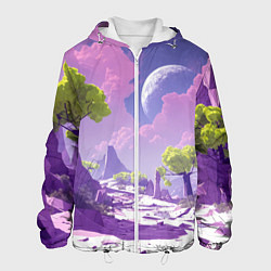 Куртка с капюшоном мужская Фиолетовые горы зеленые деревья и космос, цвет: 3D-белый