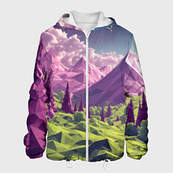 Куртка с капюшоном мужская Геометрический зеленый пейзаж и фиолетовые горы, цвет: 3D-белый