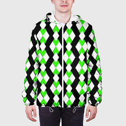 Куртка с капюшоном мужская Зелёные и белые ромбы на чёрном фоне, цвет: 3D-белый — фото 2