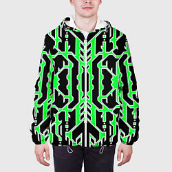 Куртка с капюшоном мужская Техно зелёные линии с белой обводкой на чёрном фон, цвет: 3D-белый — фото 2